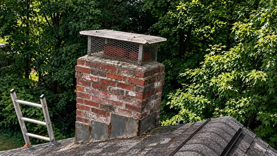 Chimney in Lowell, MA before flashing repair, showing the old worn flashing