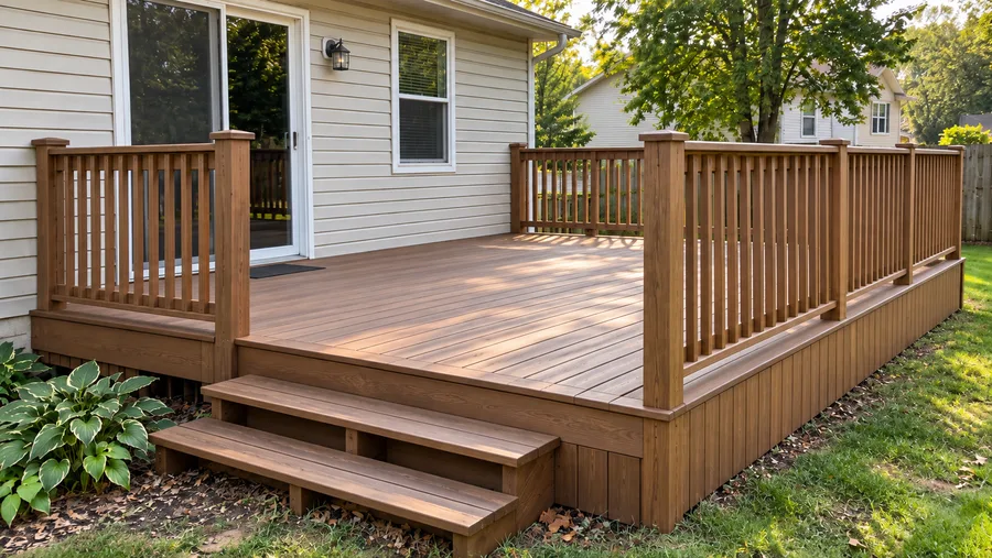 Same deck in Lowell, MA after restoration, refinished with new stain and hardware