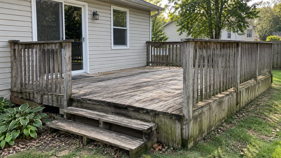 Deck in Lowell, MA before restoration, showing the old weathered wood deck