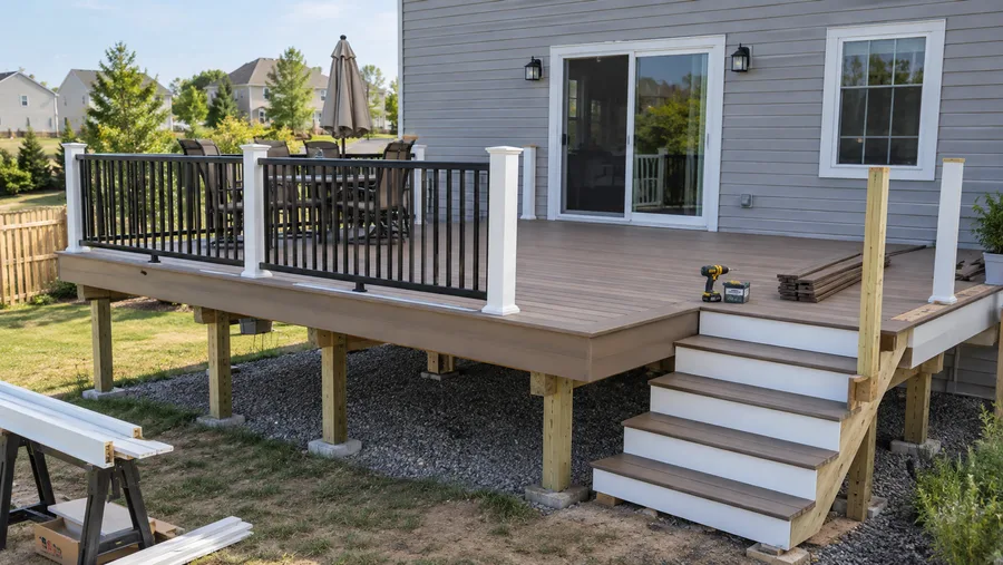 Elevated deck installation in progress, framing and railing posts in place