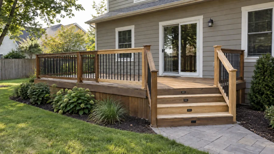 Repaired deck with new railing and steps on a home