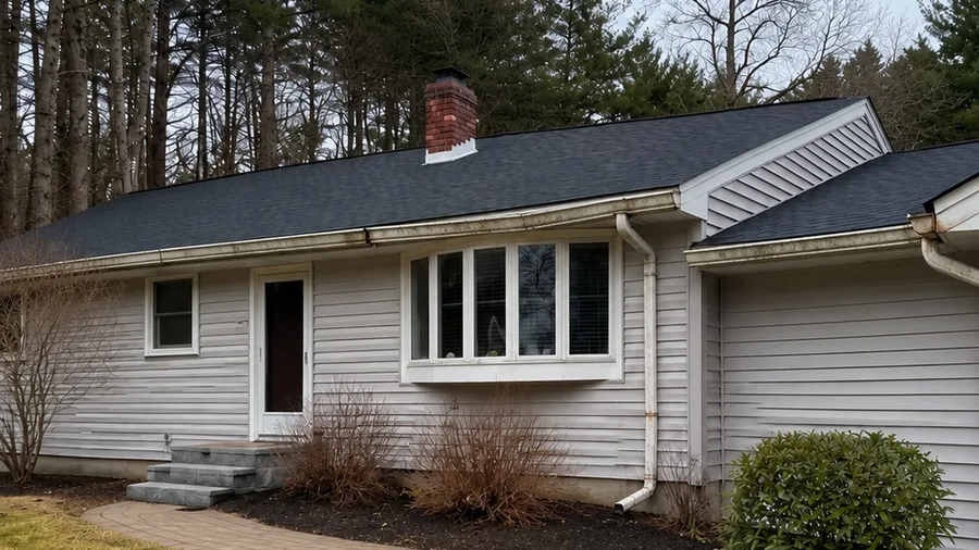 Gutters in Lowell, MA before replacement, showing the old worn gutter system