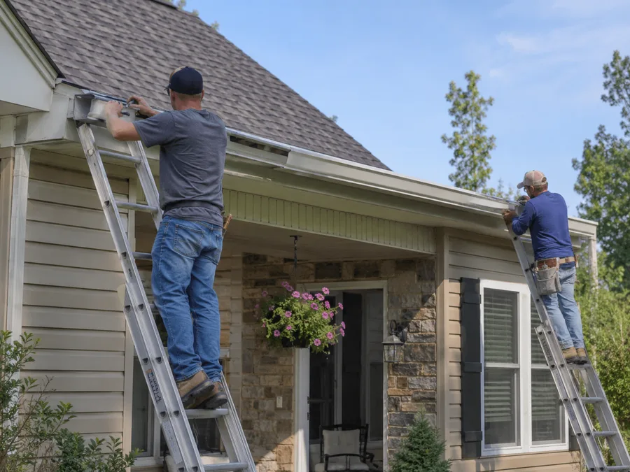 Roofers repairing gutters on a home