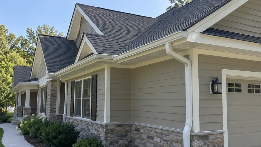 New white gutters and downspout installed on a home
