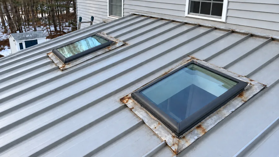 Skylights in Lowell, MA before installation, showing the old worn skylight units